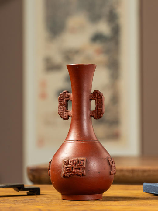 清	紫砂夔龙纹双耳瓶 商品图1