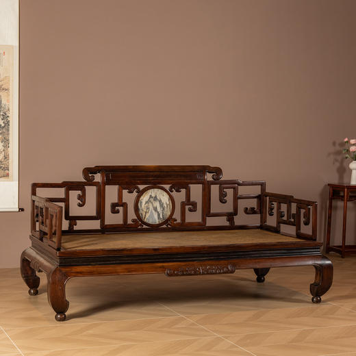 清	红木镶云石攒接拐子纹三围屏罗汉床 商品图2