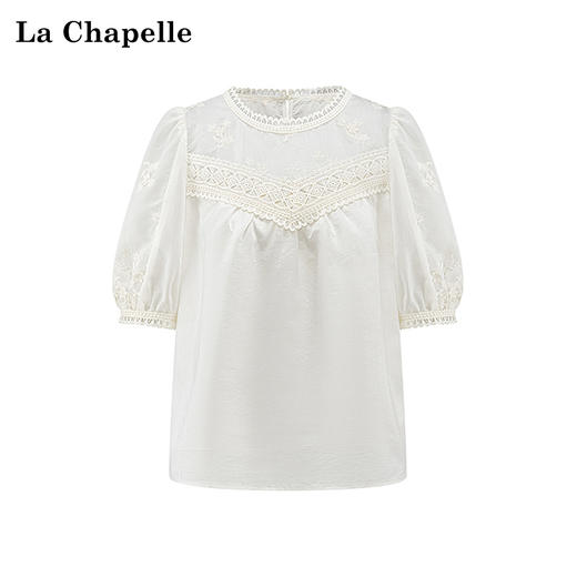 天猫同步【莱赛尔+重工刺绣】拉夏贝尔/La Chapelle花边圆领绣花短袖小衫上衣衬衫2025年新款 商品图1