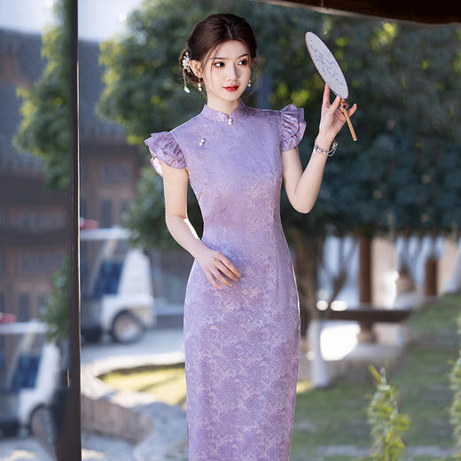 SC21575紫色国风新中式长款旗袍改良年轻款2025新款女复古修身晚礼服夏季 商品图4