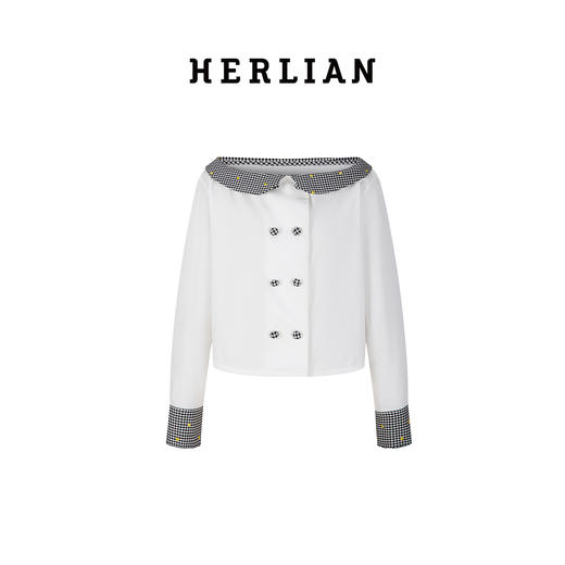 HERLIAN2025年秋季新品女士格纹刺绣斜领露肩长袖衬衫 商品图4