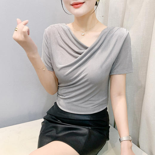 KQL311H9070V领收腰显瘦网纱短袖女2025年夏季新款纯色百搭小衫褶皱修身T恤潮 商品图1