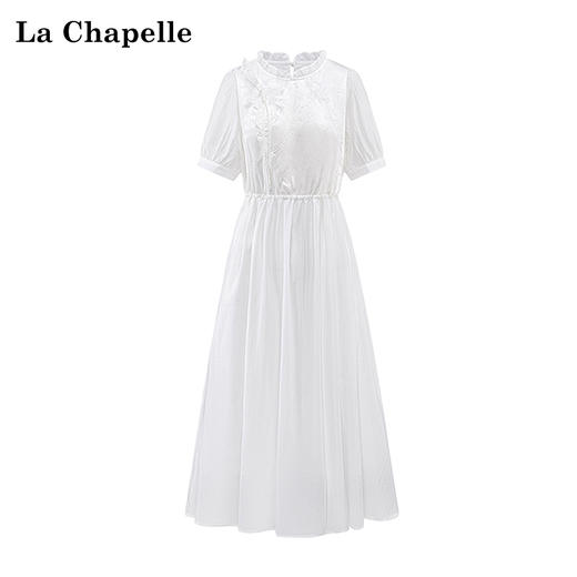 会员福利【莱赛尔+刺绣提花】拉夏贝尔/La Chapelle原299+花边立领提花新中式短袖中长款连衣裙夏季 商品图1