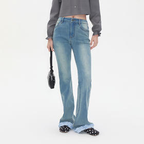 HERLIAN2025年秋季新品女士裤脚拼接设计中腰微喇牛仔裤