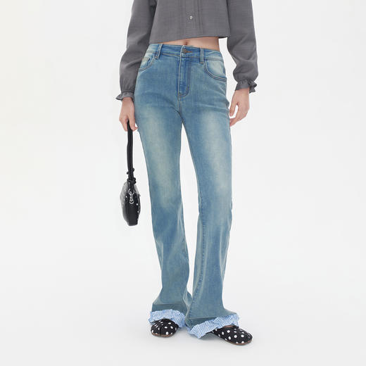 HERLIAN2025年秋季新品女士裤脚拼接设计中腰微喇牛仔裤 商品图0