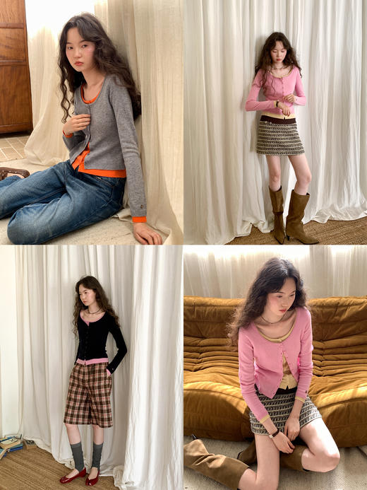 【8/6新品】素舶修身短款大圆领撞色假两件针织开衫 商品图2