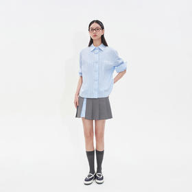 HERLIAN2025年秋季新品女士蓝白格纹衬衫包扣装饰上衣