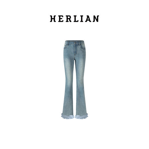 HERLIAN2025年秋季新品女士裤脚拼接设计中腰微喇牛仔裤 商品图4