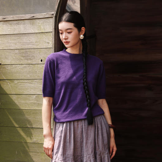 绽放旅行女装525朵/【大山的褶皱】纯羊毛圆领短袖套头毛针织衫女 商品图1