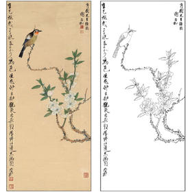 谢稚柳花鸟工笔画白描底稿《碧桃春禽》临摹勾线高清打印稿XZ13