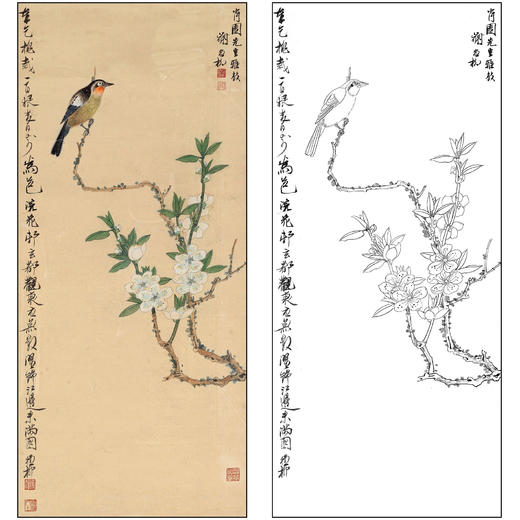 谢稚柳花鸟工笔画白描底稿《碧桃春禽》临摹勾线高清打印稿XZ13 商品图0