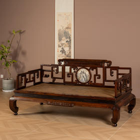 清	红木镶云石攒接拐子纹三围屏罗汉床