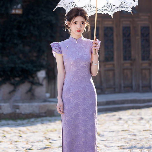 SC21575紫色国风新中式长款旗袍改良年轻款2025新款女复古修身晚礼服夏季 商品图2