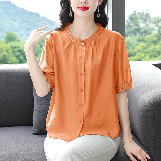 MZ1725高端刺绣短袖棉麻衬衫女2025夏季新款轻奢高级感妈妈亚麻上衣小衫 商品图2