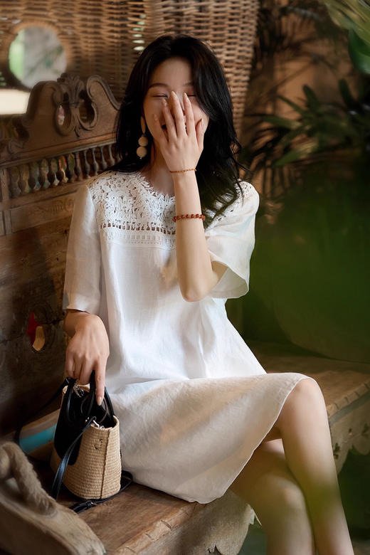 FXA 25831 苎麻蕾丝圆领直筒裙 商品图7