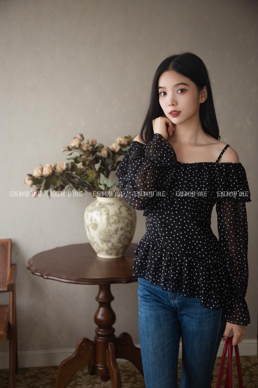 【门店同款】ENJOY秋季“谧色花颂”一字肩波点上衣 164344125 商品图0