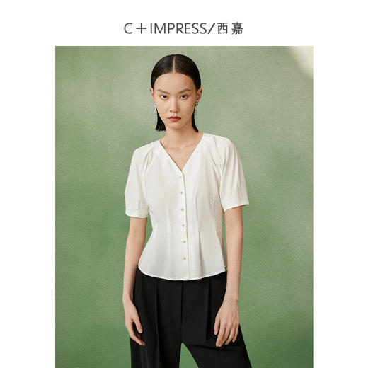 C+IMPRESS/西嘉 新疆长绒棉白色法式宫廷复古V领泡泡袖衬衫上衣女CS2202021 商品图4