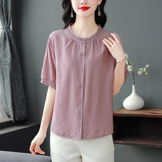 MZ1725高端刺绣短袖棉麻衬衫女2025夏季新款轻奢高级感妈妈亚麻上衣小衫 商品图4