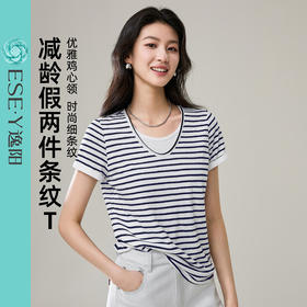 【减龄-条纹针织T恤】逸阳夏新款假两件撞色显瘦打底上衣5143