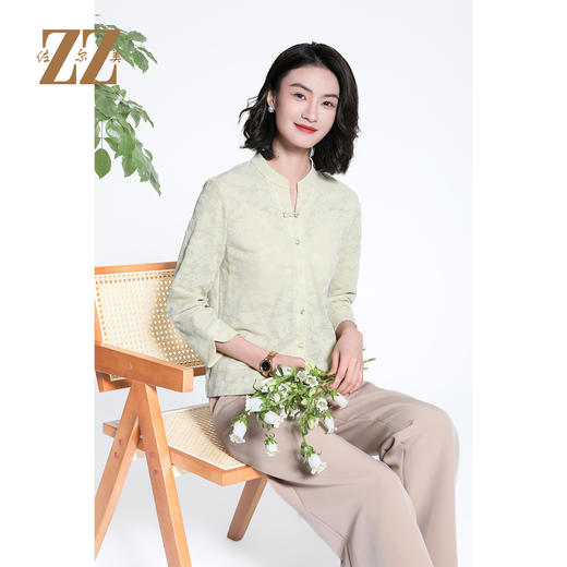 佐尔美中式提花立领盘扣七分袖优雅知性针织工艺衫女M43CC17 商品图2
