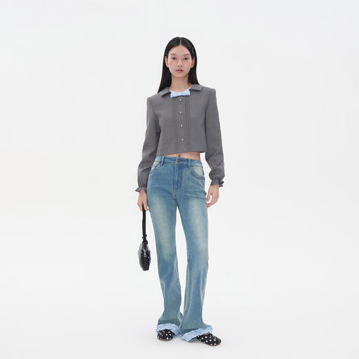 HERLIAN2025年秋季新品女士短外套格纹拼色蝴蝶结装饰娃娃领上衣 商品图0