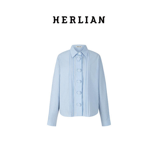 HERLIAN2025年秋季新品女士蓝白格纹衬衫包扣装饰上衣 商品图4