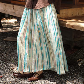 绽放女装486朵/【大山的褶皱】苎麻棉皱布竖条印花双层半身裙长裙