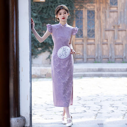 SC21575紫色国风新中式长款旗袍改良年轻款2025新款女复古修身晚礼服夏季 商品图3