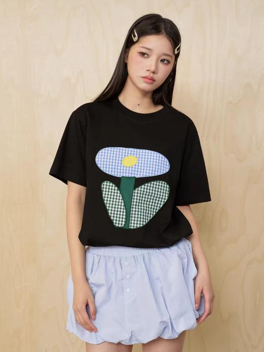 MoodLikeMe/MTX2549/格纹花朵贴布绣短袖T恤 商品图1