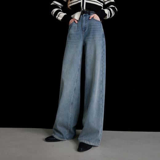 【加绒】三彩2025冬季新款宽松收腰阔腿裤牛仔裤长裤百搭M 商品图2