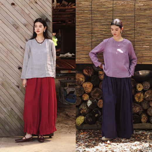 绽放女装491朵/【大山的褶皱】士林色织亚麻A褶长袖梭织T恤打底衫 商品图3