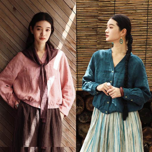 绽放485朵/【大山的褶皱】进口酵磨洗色织亚麻V领收下摆短外套女 商品图1