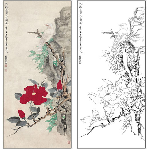 谢稚柳花鸟工笔画白描底稿《富贵白头》临摹勾线高清打印稿XZ10 商品图0