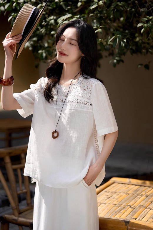 FXA 2583 重工蕾丝圆领短袖 商品图0