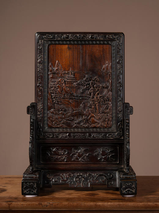 清中期	红木满工雕携琴访友山水人物插屏 商品图1