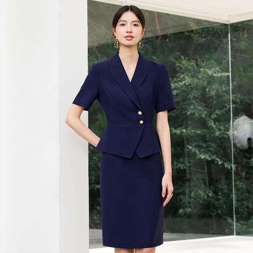 IWY/藏青色西装连衣裙女夏季短袖售楼部接待工作服假两件职业裙25Q799 商品图0
