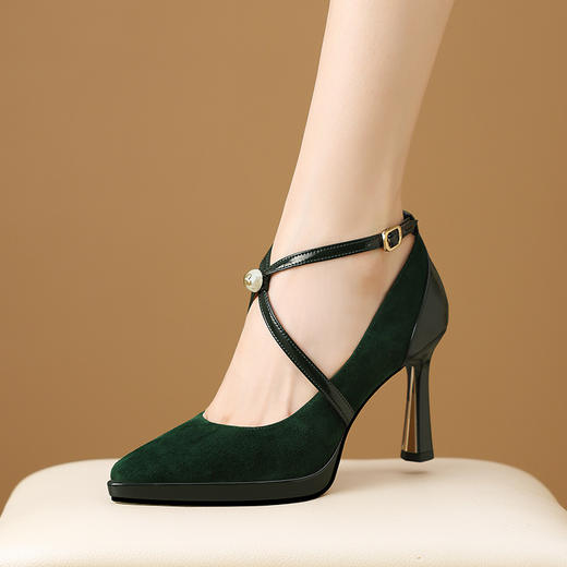 OLDH3715磨砂羊皮高跟鞋女防水台粗跟2025春秋新款交叉带尖头浅口单鞋女鞋 商品图1