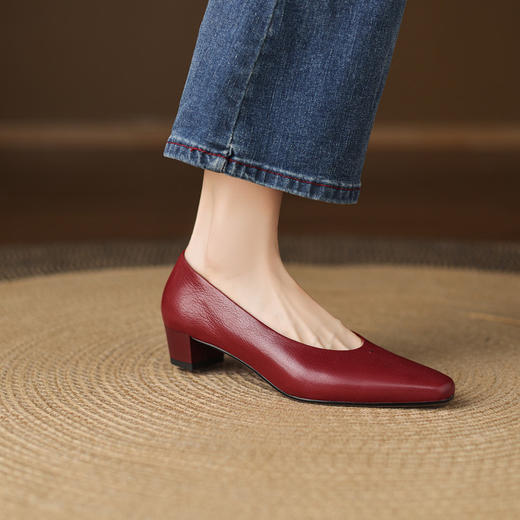 【预售5天】法式气质方头浅口单鞋，通勤百搭高跟鞋真皮粗跟工作鞋LD&7428 商品图1