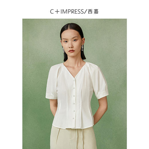 C+IMPRESS/西嘉 新疆长绒棉白色法式宫廷复古V领泡泡袖衬衫上衣女CS2202021 商品图3
