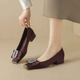 【预售5天】巨好穿法式单鞋女春秋新款蝴蝶结水钻方头中跟粗跟低跟时尚YS&0303