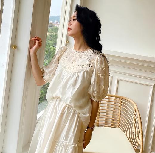 天猫同步【莱赛尔+重工刺绣】拉夏贝尔/La Chapelle花边圆领绣花短袖小衫上衣衬衫2025年新款 商品图6