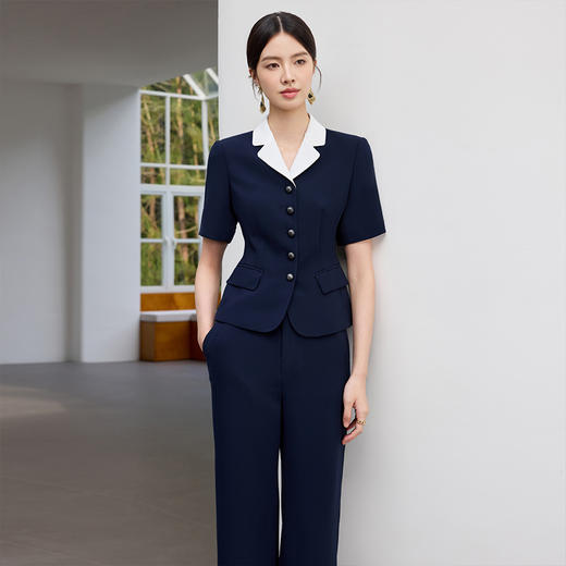 IWY/高级感拼接领西装套装女夏季藏青色商务通勤前台接待职业装25CP792 商品图1