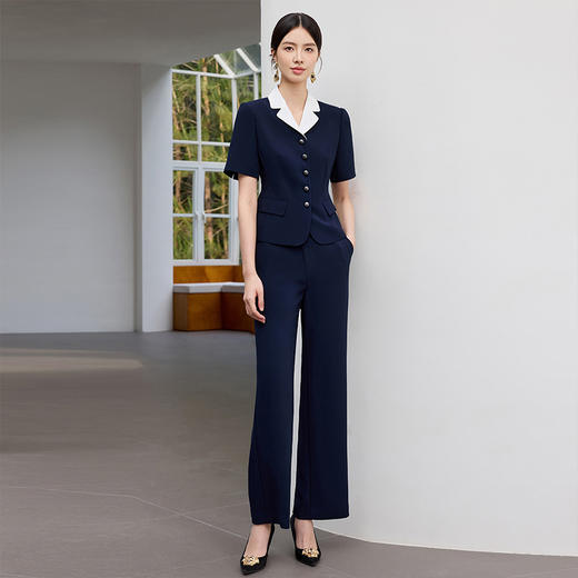 IWY/高级感拼接领西装套装女夏季藏青色商务通勤前台接待职业装25CP792 商品图0