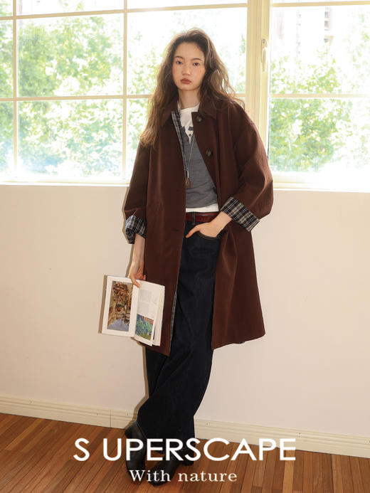 【8/6新品】素舶中空纱廓形中长款风衣 格纹翻领外套 商品图0