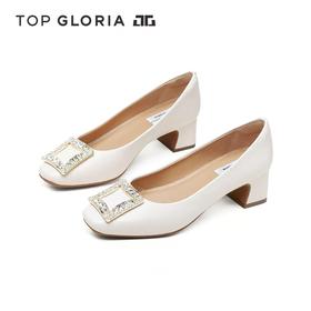 【春假专区】汤普TOPGLORIA女鞋仙女风别致方钻粗跟单鞋400050S