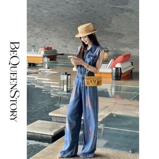 【孤品样衣，不退不换】【深海派对】2025春装欧若风时髦烫钻翻领小坎袖连体裤 商品图2