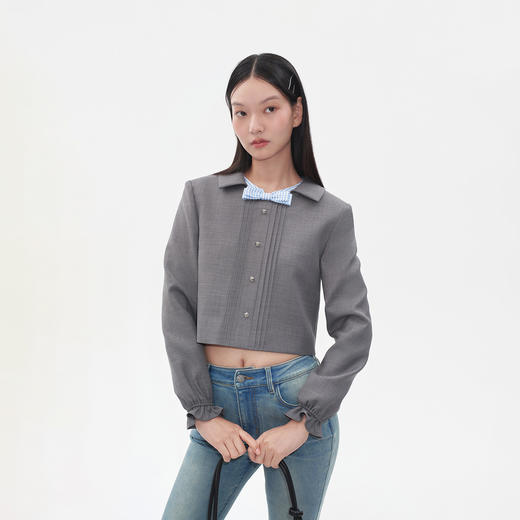 HERLIAN2025年秋季新品女士短外套格纹拼色蝴蝶结装饰娃娃领上衣 商品图3