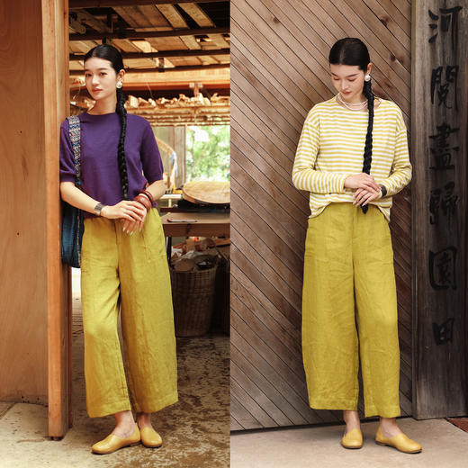 绽放女装478朵/【大山的褶皱】重磅斜纹亚麻半松紧腰九分裤休闲裤 商品图2