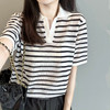 明星同款！柜面1.2K！2025新款天丝亚麻黑白条纹翻领轻薄针织衫洋气女款！ 商品缩略图0
