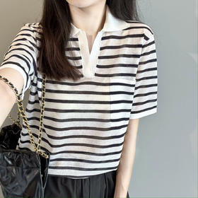 明星同款！柜面1.2K！2025新款天丝亚麻黑白条纹翻领轻薄针织衫洋气女款！